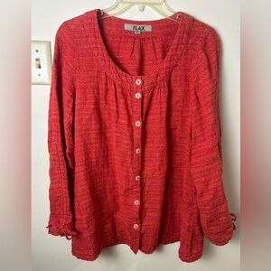 FLAX 100% Linen Blouse Top Ribbed Bow Sleeves P 4-6 Button Down Lagenlook Mature